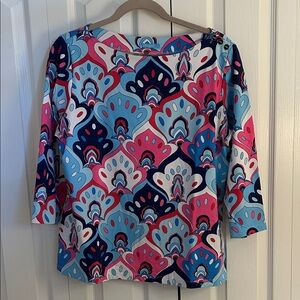 J. McLaughlin Pink and Blue Paisley Top, 3/4 Sleeve, Size XL